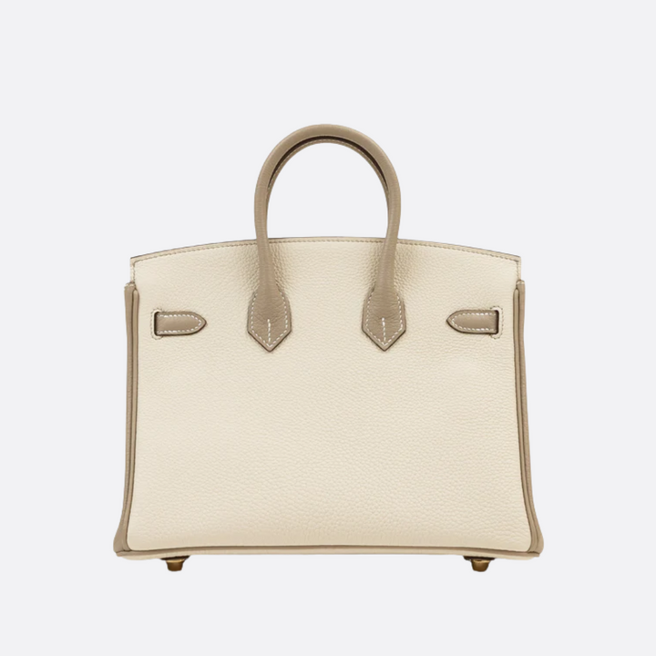 HERMÈS BIRKIN 25 HSS CRAIE/GRIS TOURTERELLE AUS TOGO-LEDER MIT GEBÜRSTETER GOLDENER HARDWARE